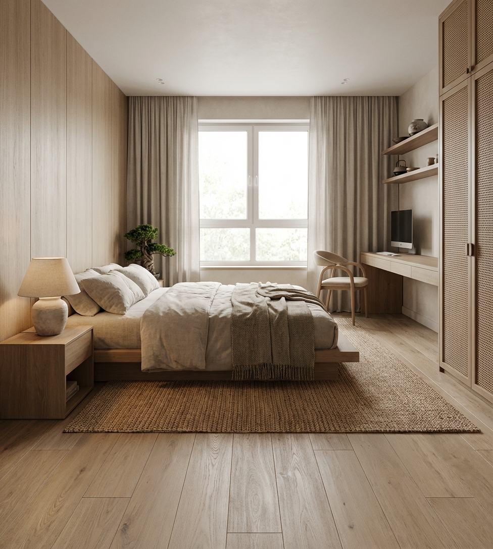 Дизайн гостиной в стиле Japandi — фото интерьера от нейросети RoomGPT