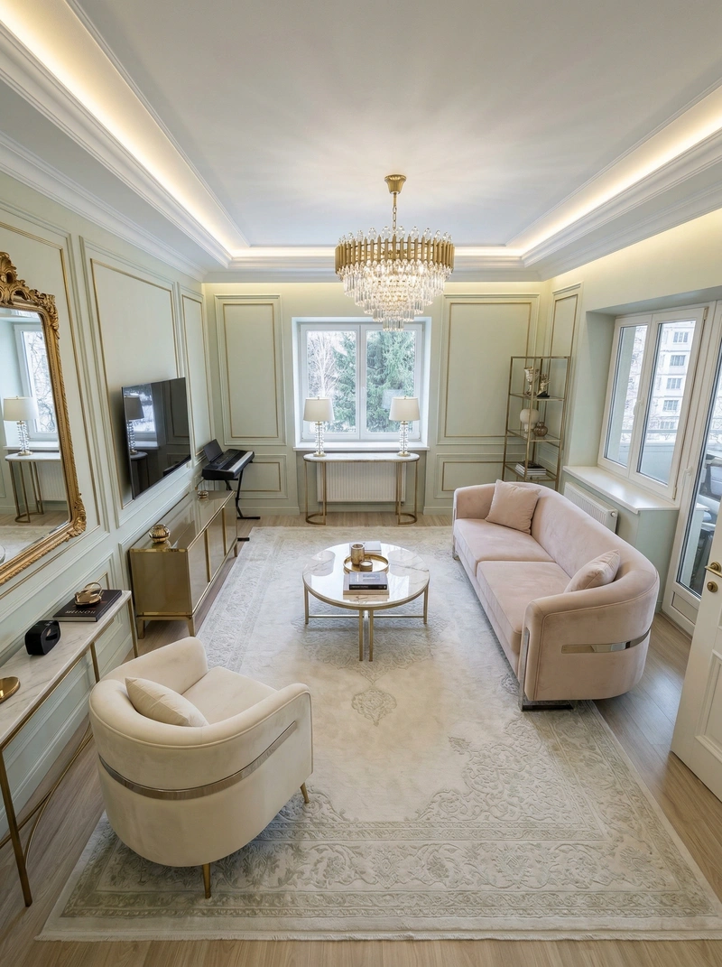 Дизайн гостиной в стиле Неоклассика — фото интерьера от нейросети RoomGPT