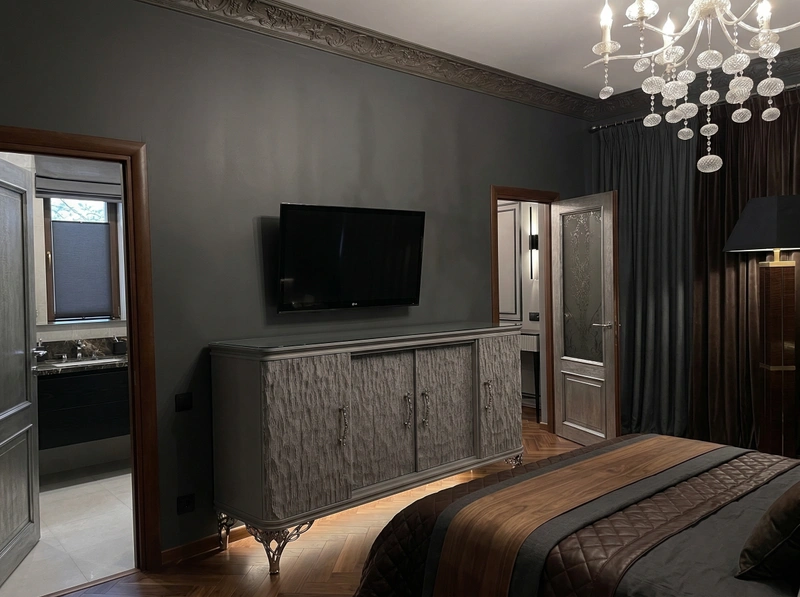 Дизайн спальни в стиле Блэктэк — фото интерьера от нейросети RoomGPT