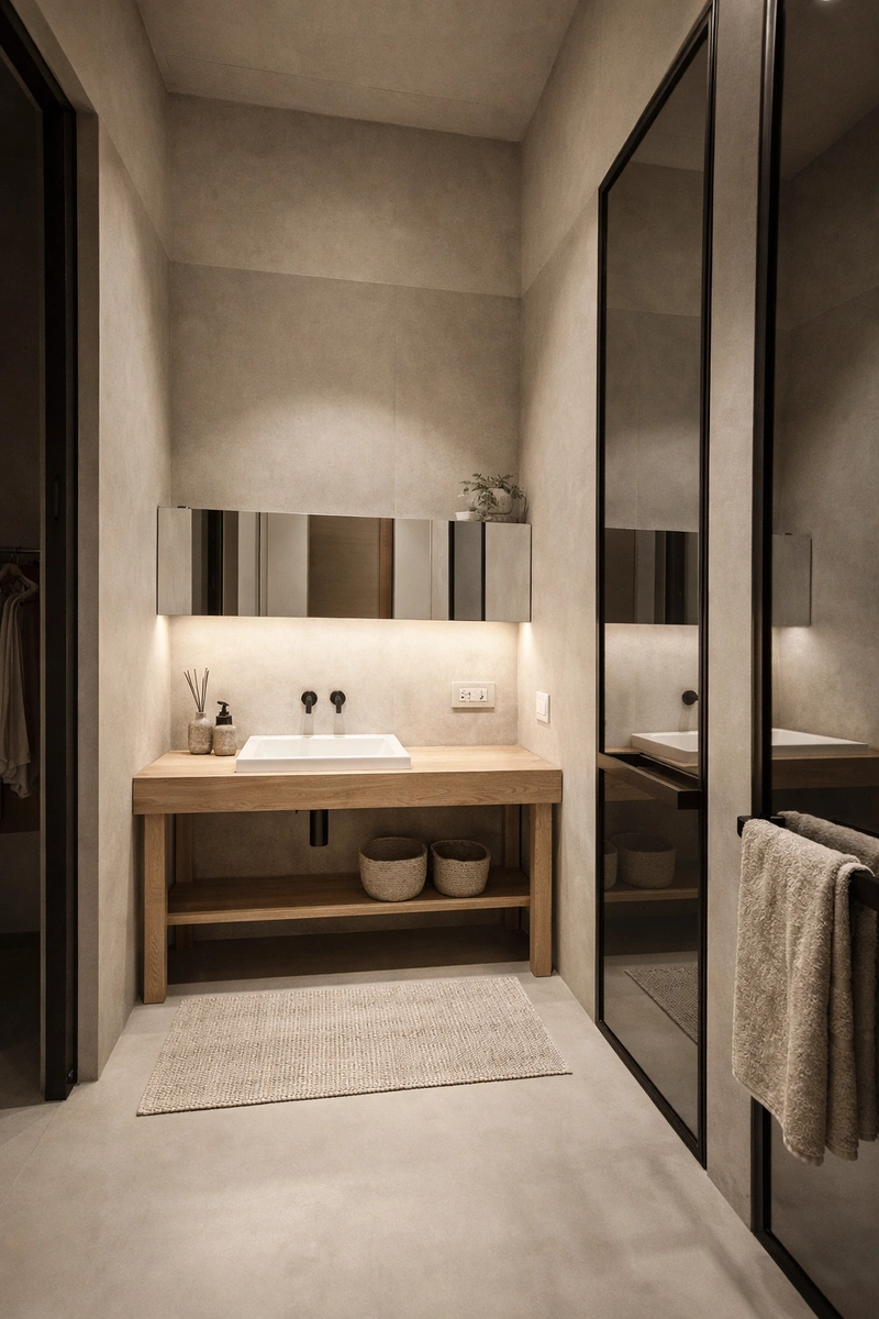 Дизайн ванной в стиле Japandi — фото интерьера от нейросети RoomGPT