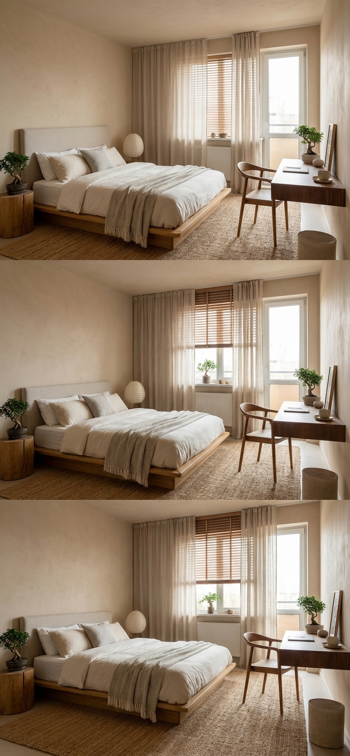 Дизайн спальни в стиле Japandi — фото интерьера от нейросети RoomGPT