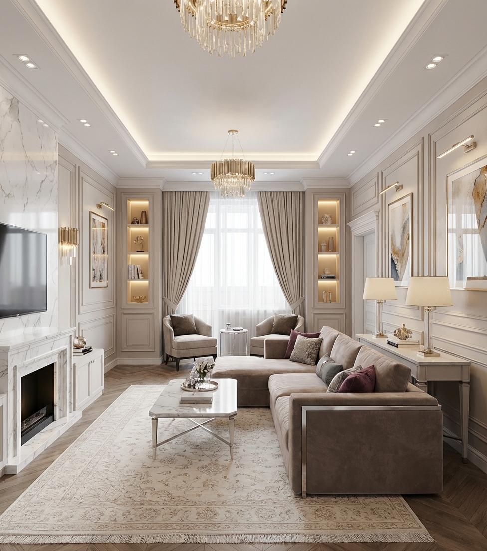 Дизайн гостиной в стиле Классика — фото интерьера от нейросети RoomGPT
