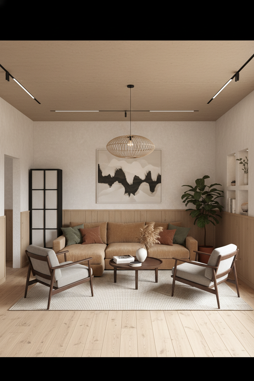 Дизайн гостиной в стиле Japandi — фото интерьера от нейросети RoomGPT