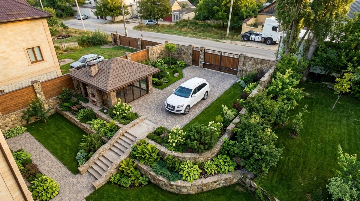 Дизайн участка в стиле Русская усадьба — фото участка от нейросети RoomGPT