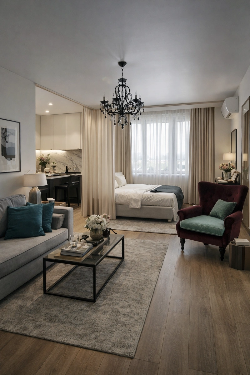 Дизайн интерьера в стиле Контемпорари — Гостиная от нейросети RoomGPT