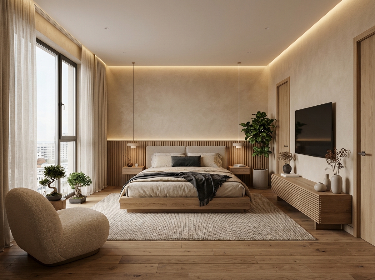 Дизайн спальни в стиле Japandi — фото интерьера от нейросети RoomGPT
