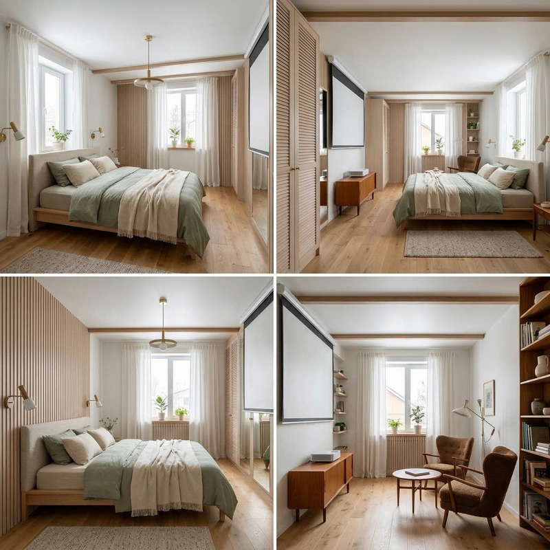 Дизайн спальни в стиле Сканди — фото интерьера от нейросети RoomGPT