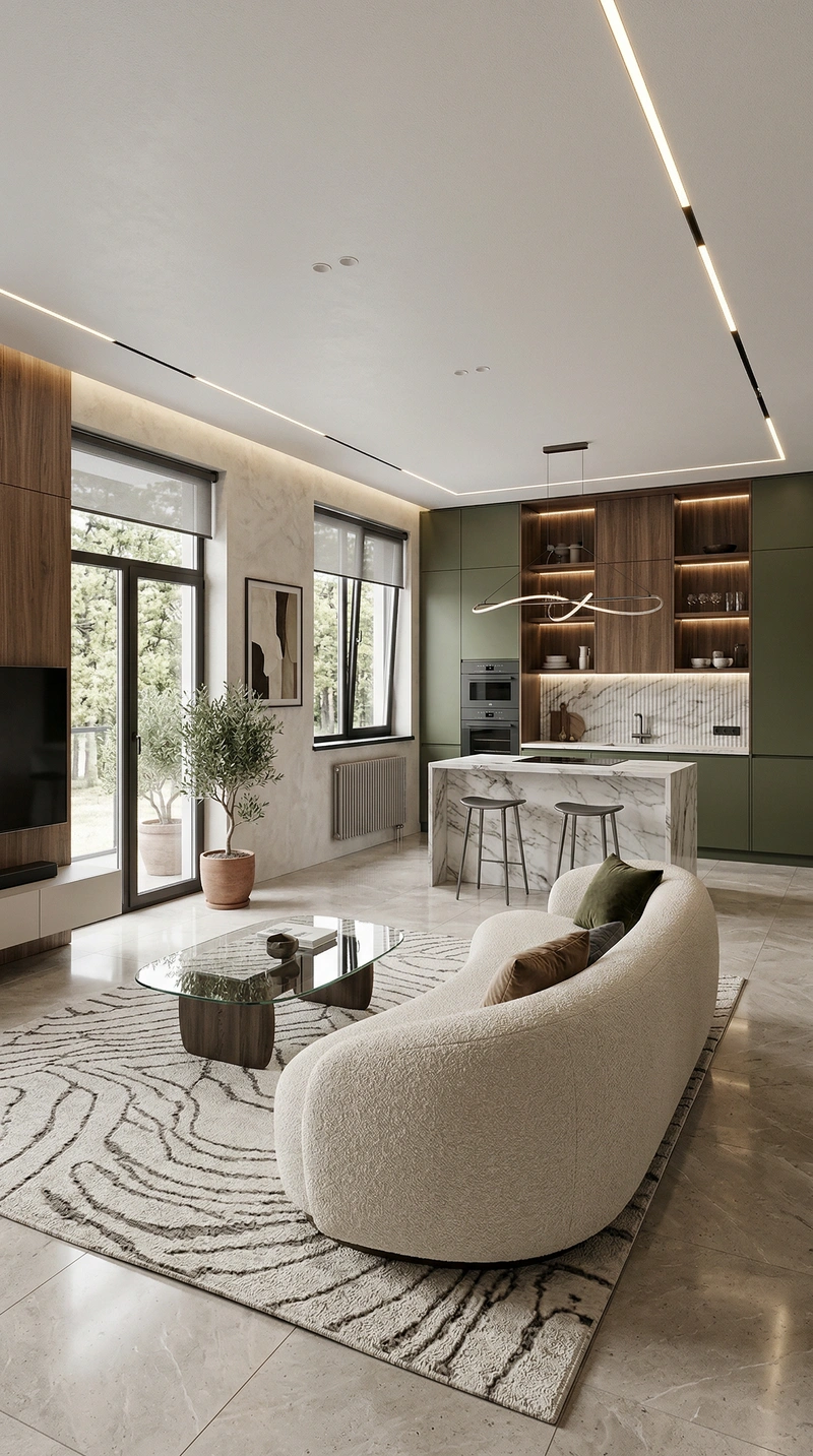 Дизайн интерьера в стиле Контемпорари — Гостиная от нейросети RoomGPT