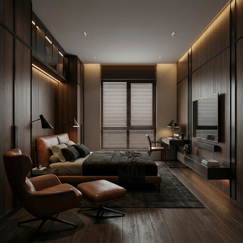 Дизайн спальни в стиле Блэктэк — фото интерьера от нейросети RoomGPT