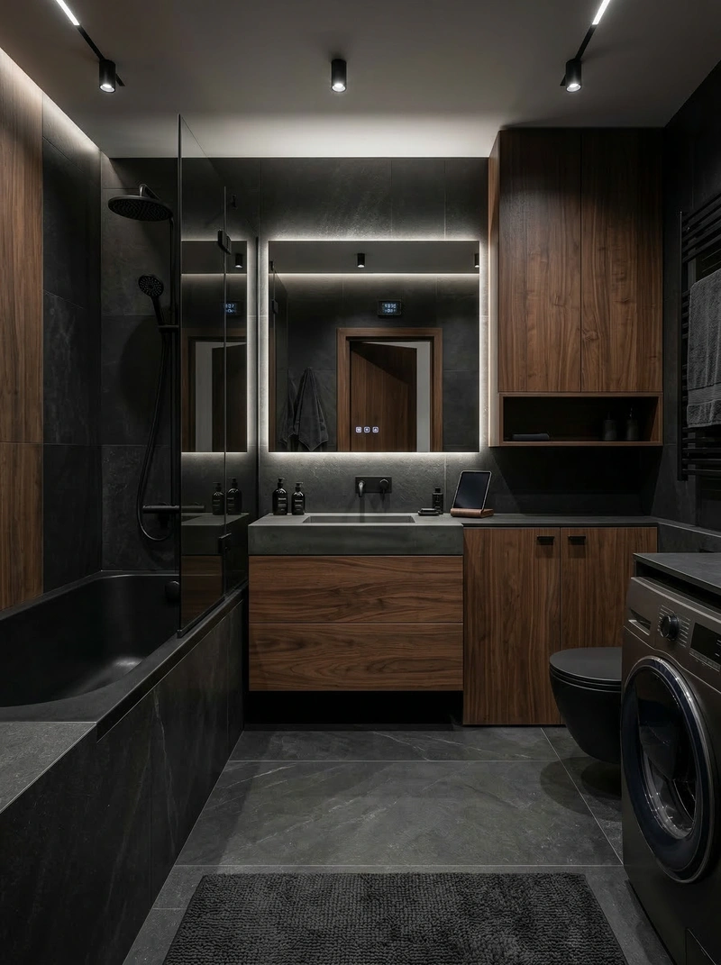 Дизайн ванной в стиле Блэктэк — фото интерьера от нейросети RoomGPT