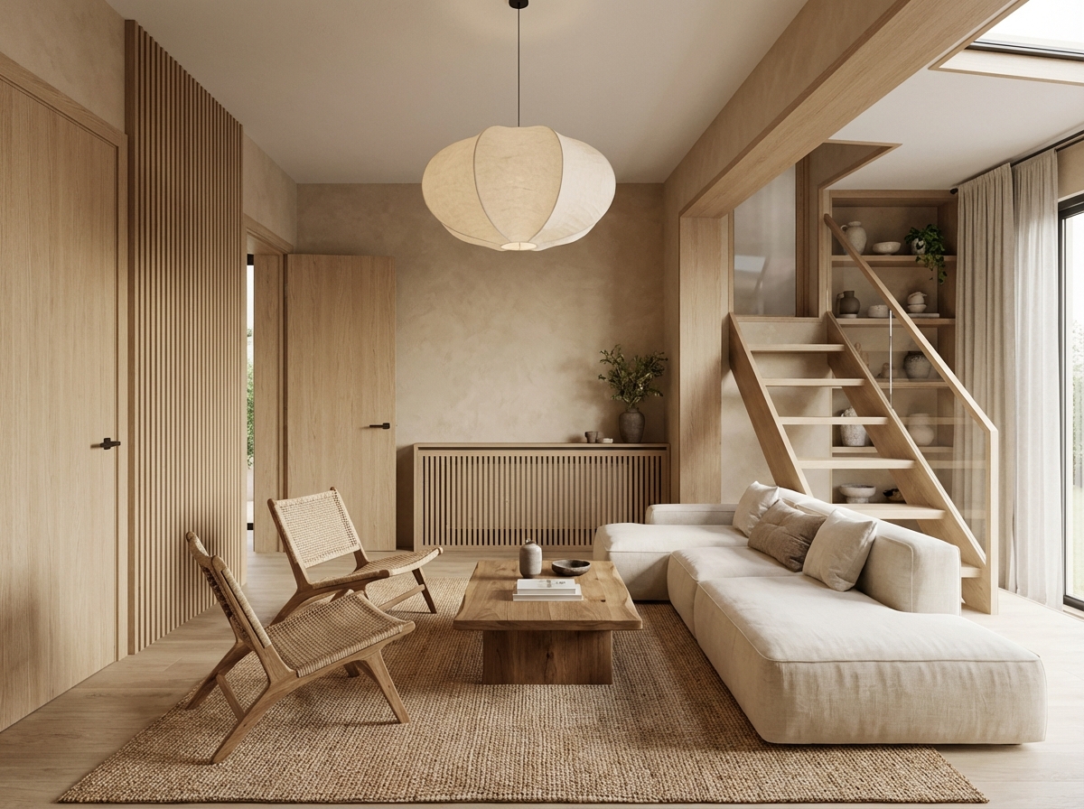 Дизайн гостиной в стиле Japandi — фото интерьера от нейросети RoomGPT