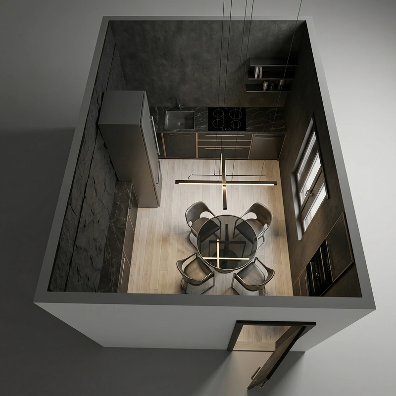 Дизайн кухни в стиле Блэктэк — фото интерьера от нейросети RoomGPT