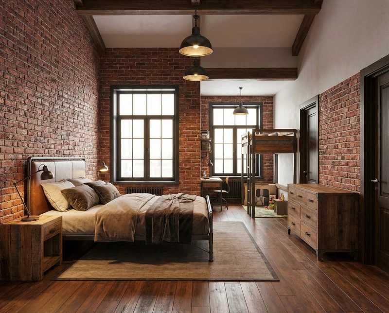 Дизайн спальни в стиле Лофт — фото интерьера от нейросети RoomGPT
