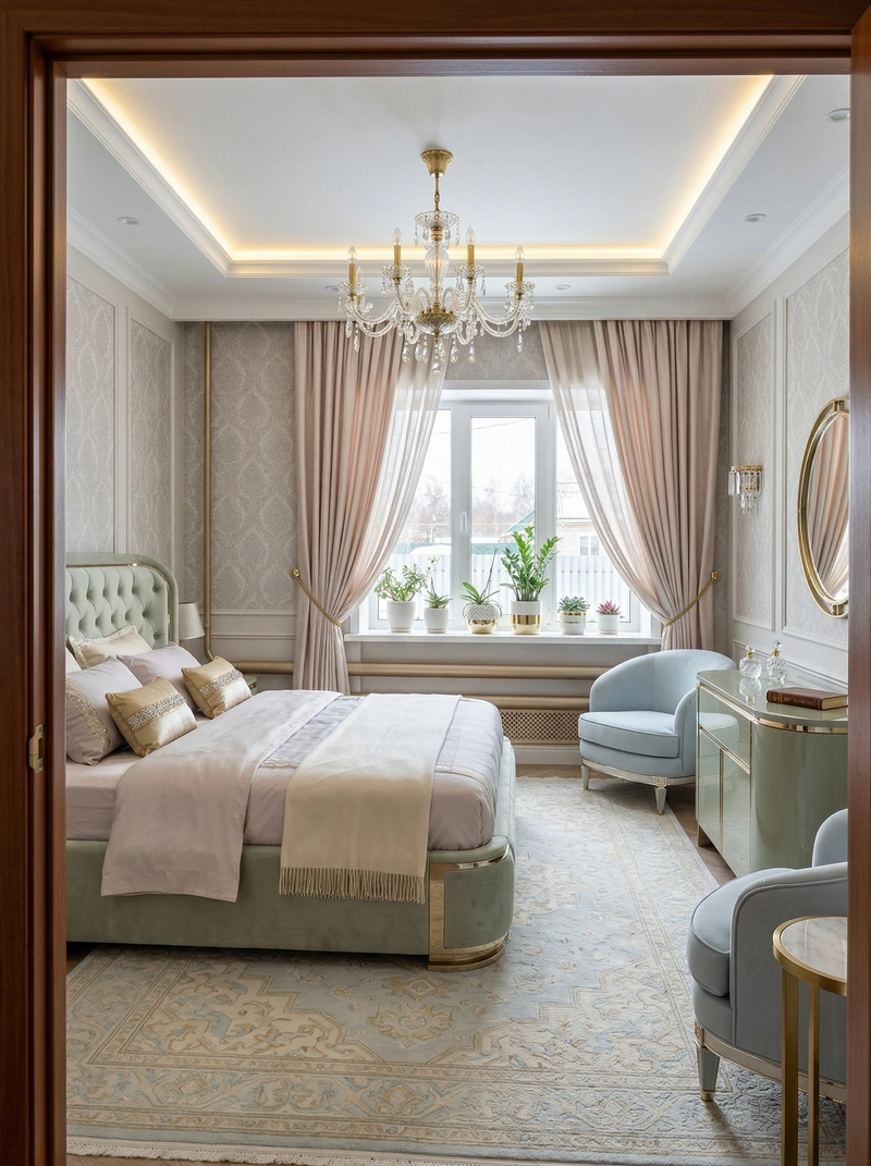 Дизайн спальни в стиле Неоклассика — фото интерьера от нейросети RoomGPT