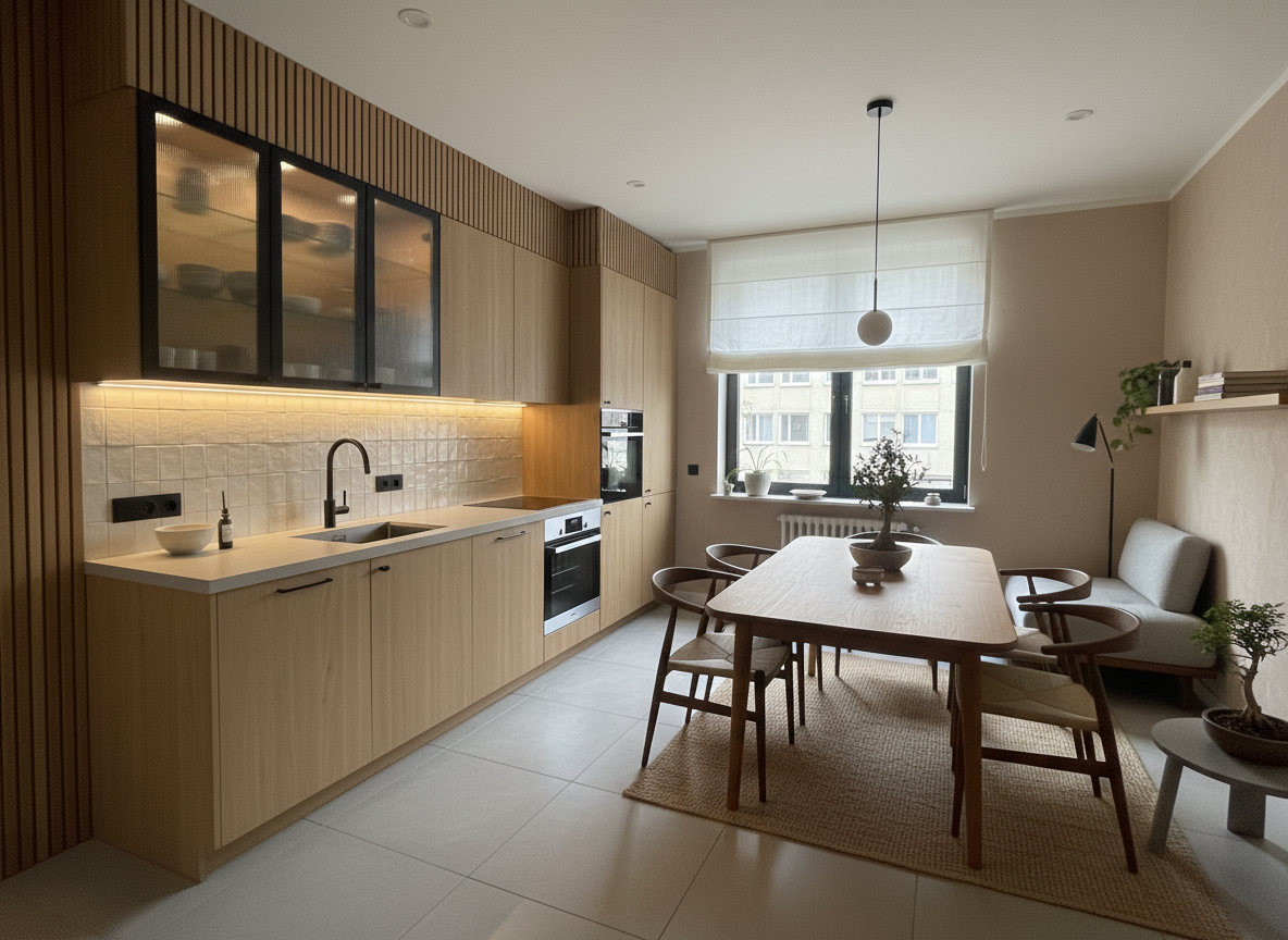 Дизайн кухни в стиле Japandi — фото интерьера от нейросети RoomGPT