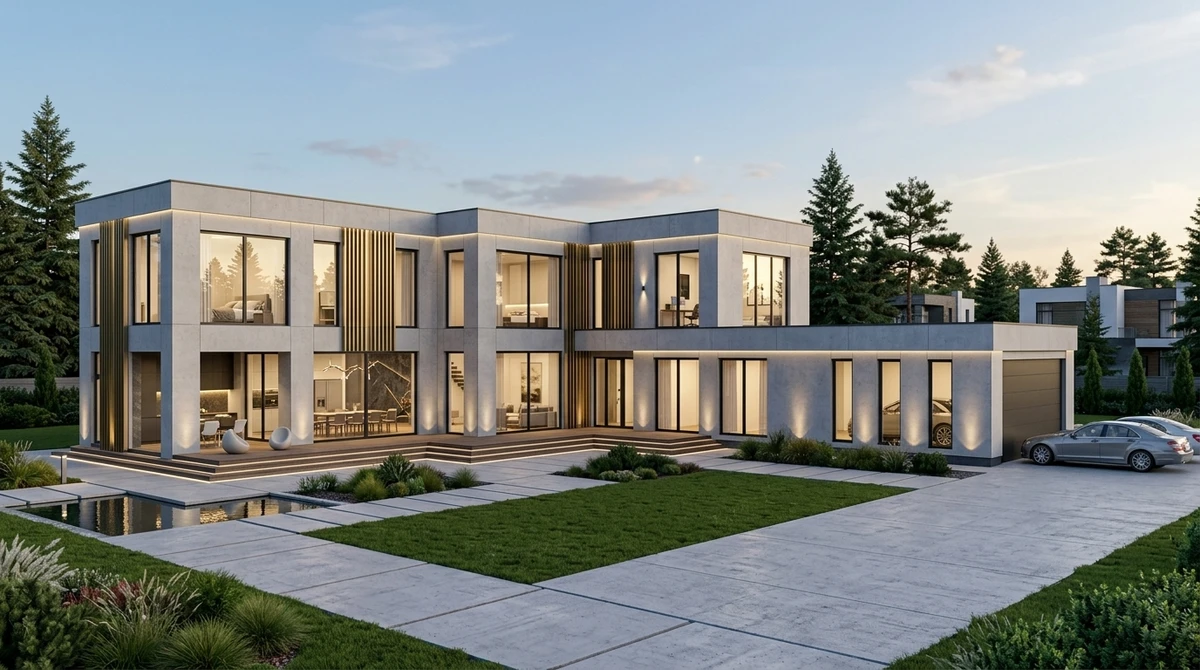 Дизайн фасада в стиле Контемпорари — фото фасада от нейросети RoomGPT