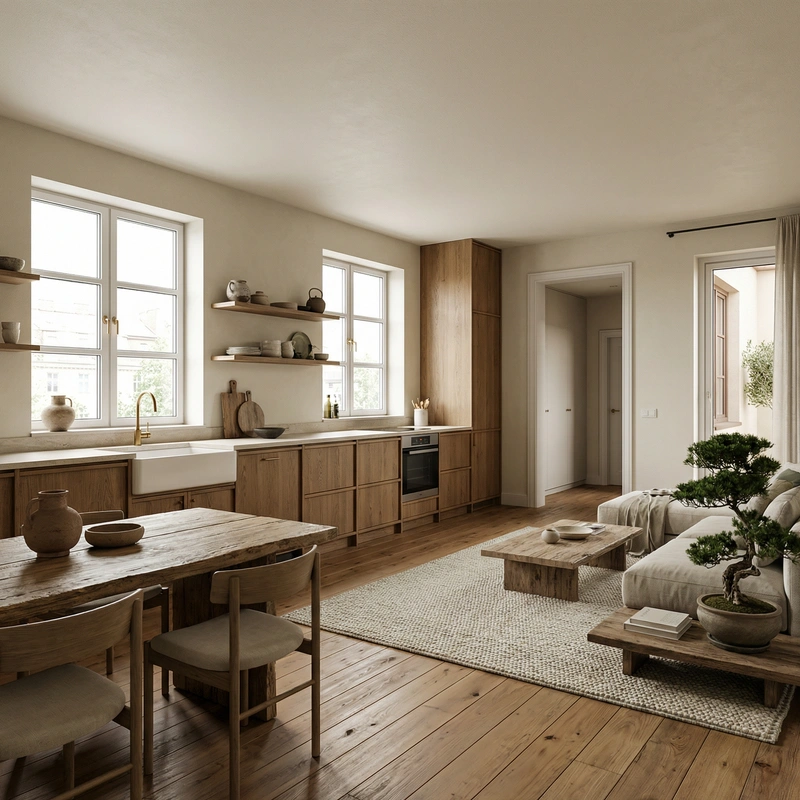 Дизайн кухни в стиле Japandi — фото интерьера от нейросети RoomGPT