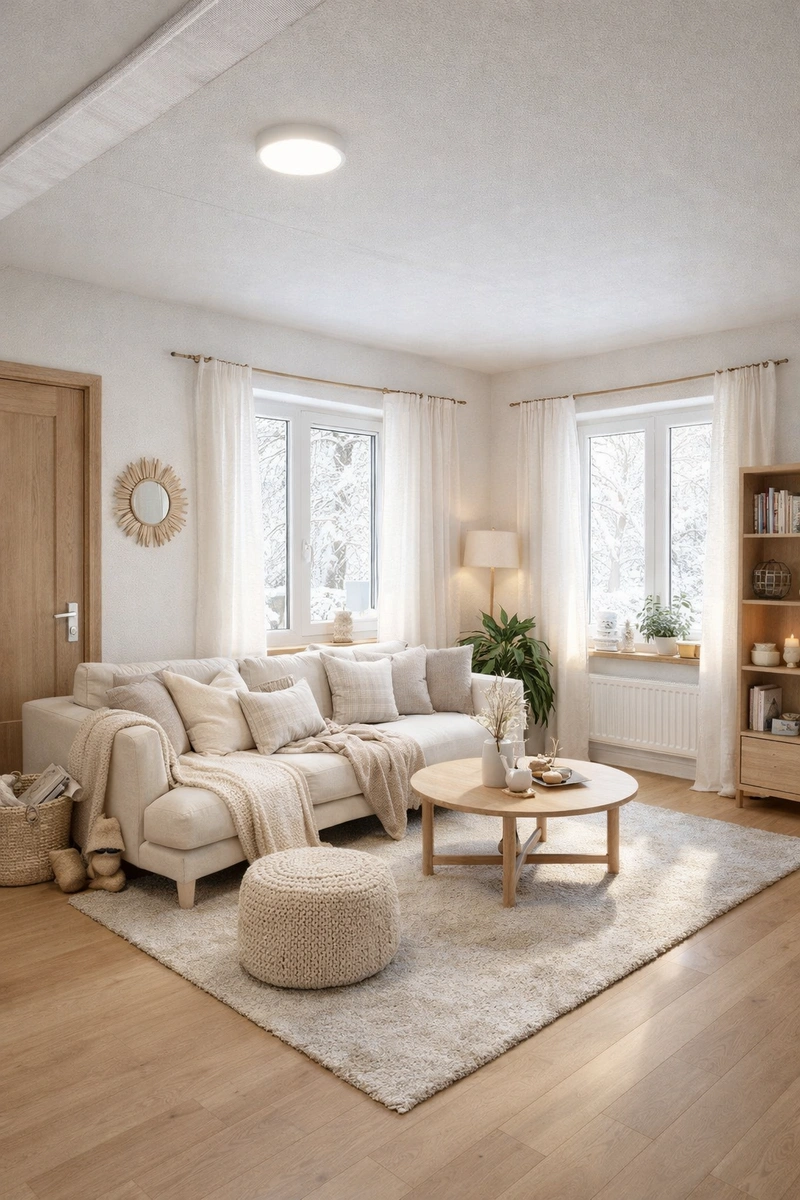 Дизайн гостиной в стиле Хюгге — фото интерьера от нейросети RoomGPT