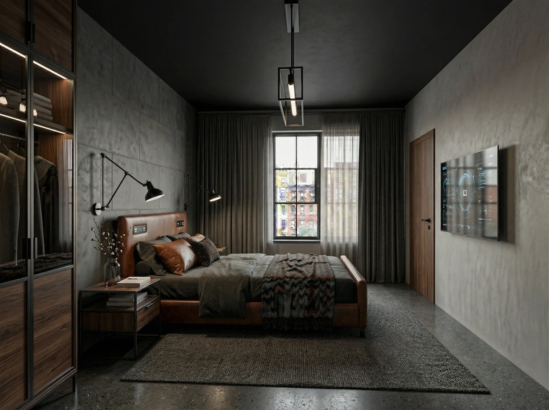 Дизайн спальни в стиле Блэктэк — фото интерьера от нейросети RoomGPT