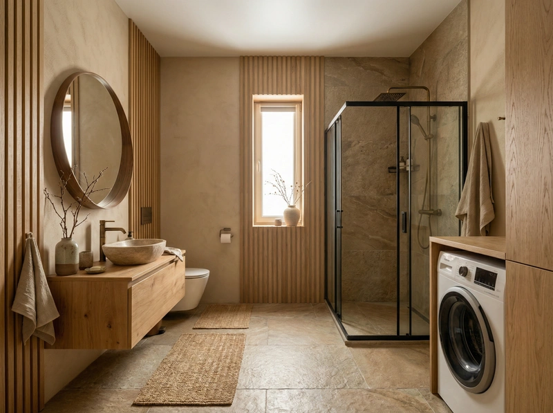 Дизайн ванной в стиле Japandi — фото интерьера от нейросети RoomGPT