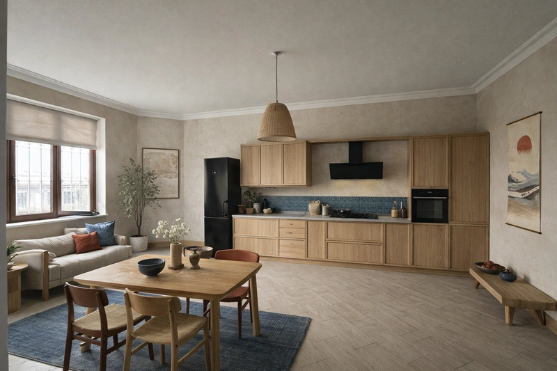 Дизайн кухни в стиле Japandi — фото интерьера от нейросети RoomGPT