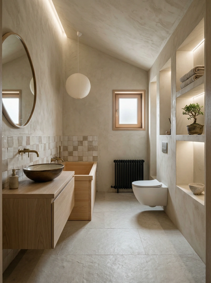 Дизайн ванной в стиле Japandi — фото интерьера от нейросети RoomGPT