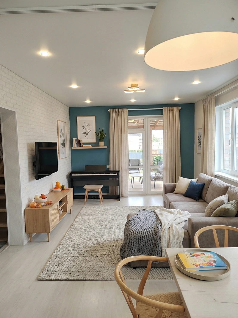 Дизайн гостиной в стиле Хюгге — фото интерьера от нейросети RoomGPT