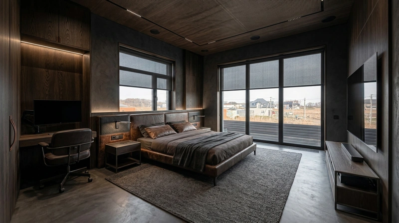 Дизайн спальни в стиле Блэктэк — фото интерьера от нейросети RoomGPT