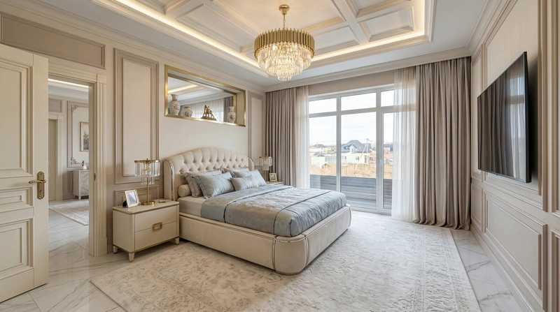 Дизайн спальни в стиле Неоклассика — фото интерьера от нейросети RoomGPT