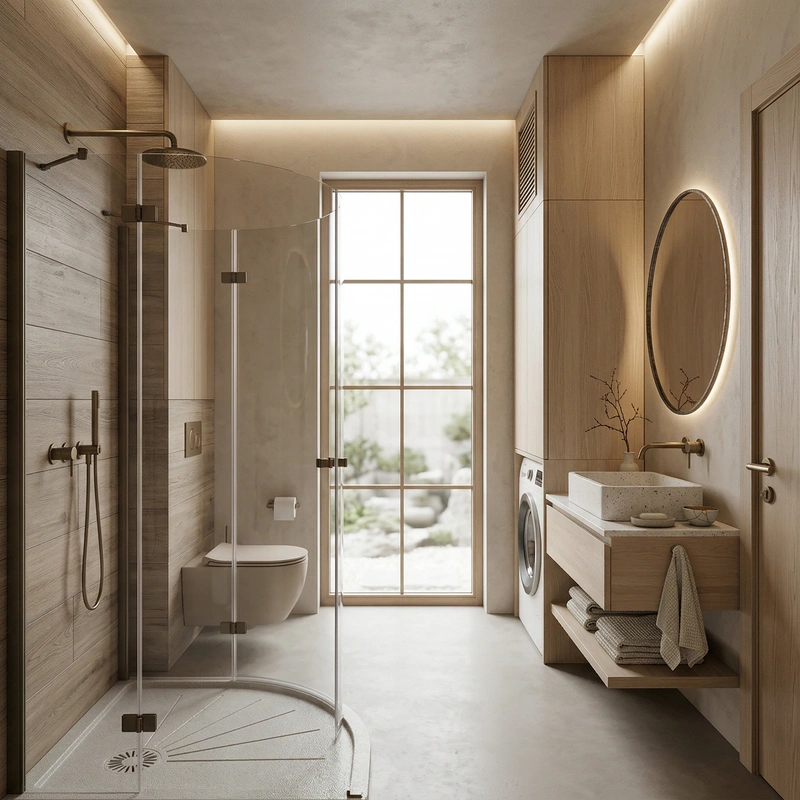 Дизайн ванной в стиле Japandi — фото интерьера от нейросети RoomGPT