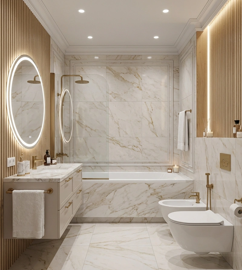 Дизайн ванной в стиле Неоклассика — фото интерьера от нейросети RoomGPT