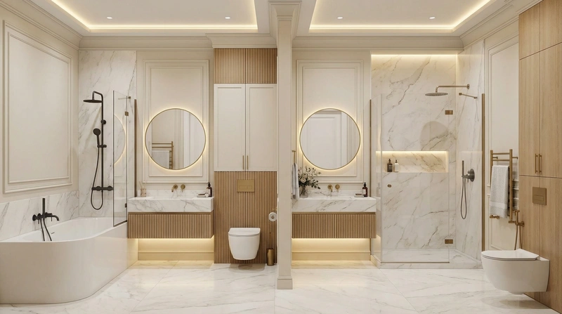 Дизайн ванной в стиле Неоклассика — фото интерьера от нейросети RoomGPT