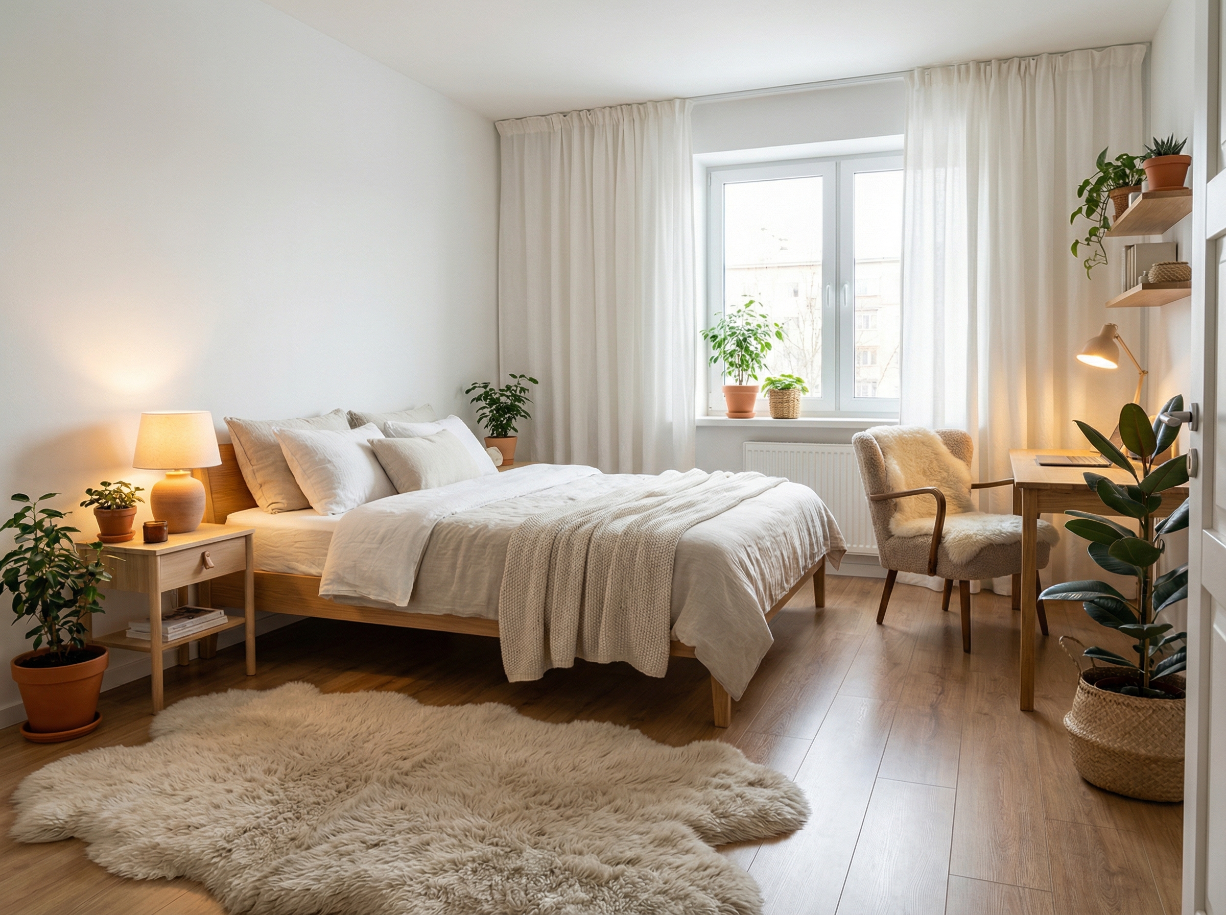Дизайн спальни в стиле Хюгге — фото интерьера от нейросети RoomGPT