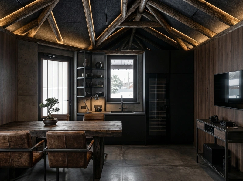 Дизайн гостиной в стиле Блэктэк — фото интерьера от нейросети RoomGPT