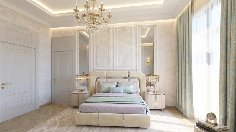 Дизайн спальни в стиле Неоклассика — фото интерьера от нейросети RoomGPT