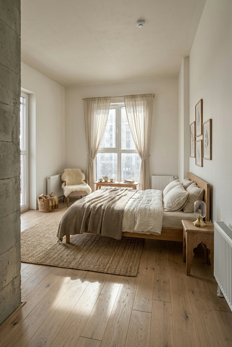 Дизайн спальни в стиле Хюгге — фото интерьера от нейросети RoomGPT