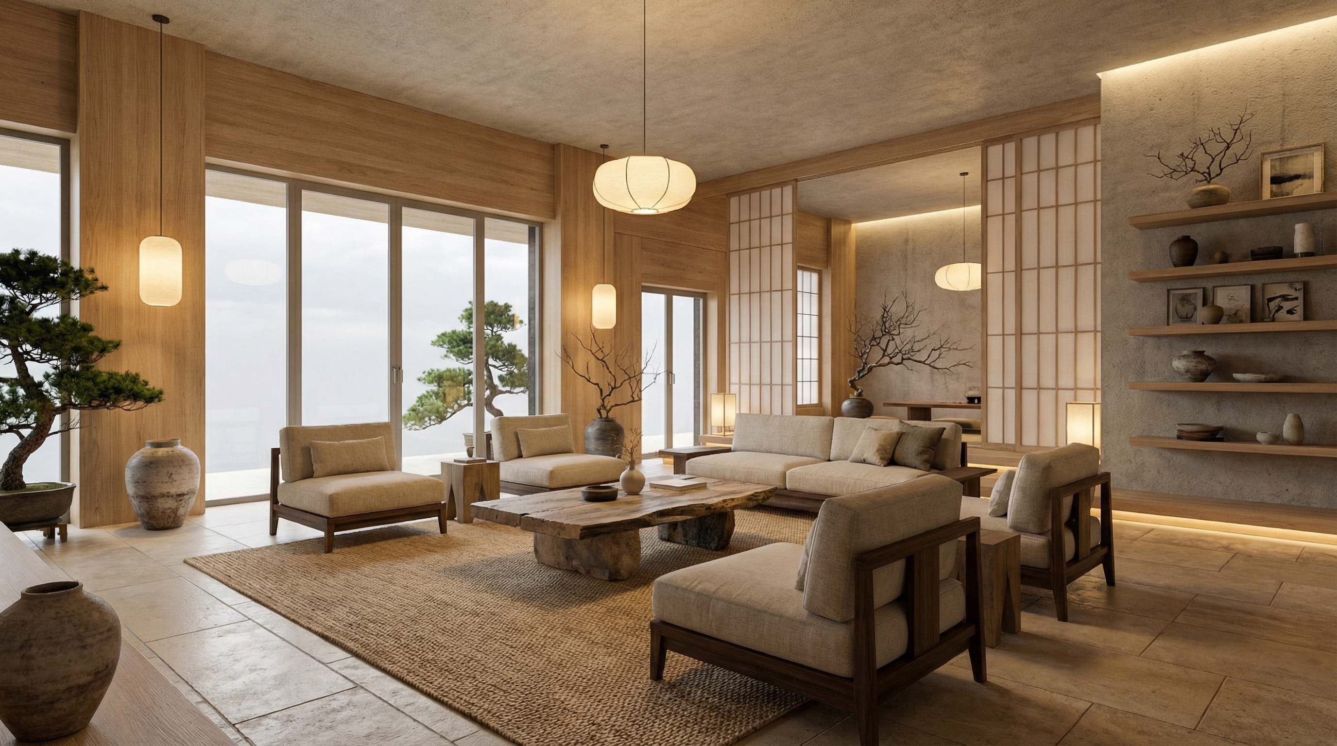 Дизайн гостиной в стиле Japandi — фото интерьера от нейросети RoomGPT