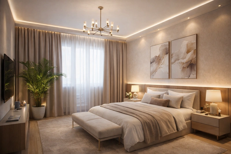 Дизайн спальни в стиле Контемпорари — фото интерьера от нейросети RoomGPT