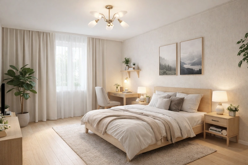 Дизайн спальни в стиле Сканди — фото интерьера от нейросети RoomGPT