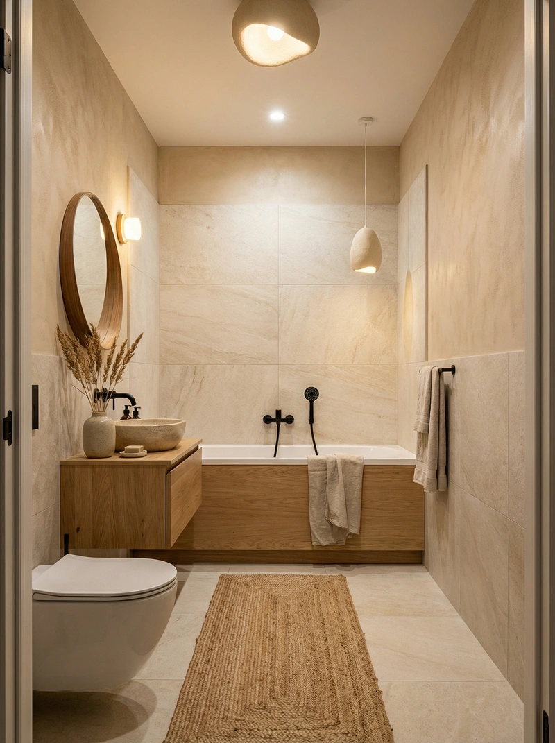 Дизайн ванной в стиле Japandi — фото интерьера от нейросети RoomGPT