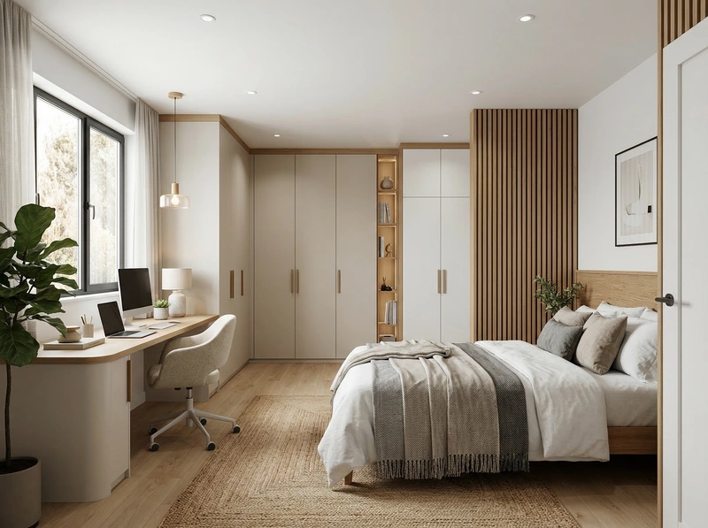 Дизайн спальни в стиле Сканди — фото интерьера от нейросети RoomGPT