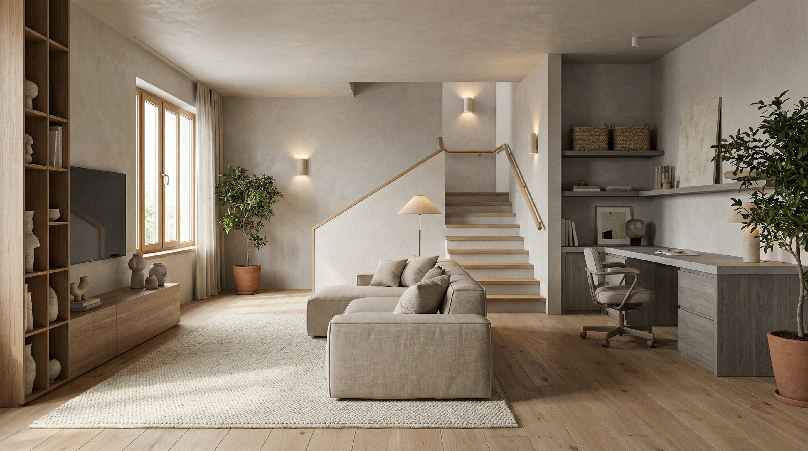 Дизайн гостиной в стиле Japandi — фото интерьера от нейросети RoomGPT