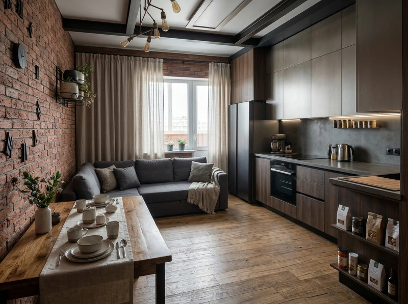 Дизайн интерьера в стиле Лофт — Кухня от нейросети RoomGPT