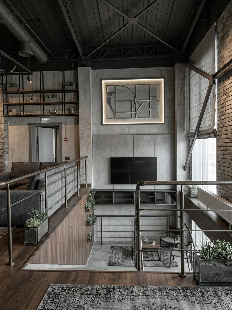 Дизайн гостиной в стиле Лофт — фото интерьера от нейросети RoomGPT