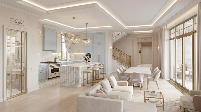 Дизайн кухни в стиле Неоклассика — фото интерьера от нейросети RoomGPT