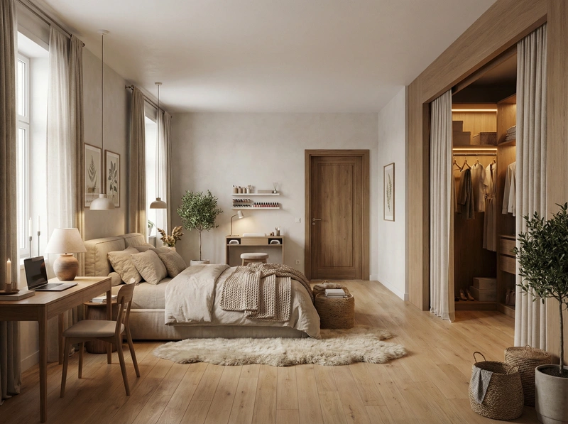 Дизайн спальни в стиле Хюгге — фото интерьера от нейросети RoomGPT