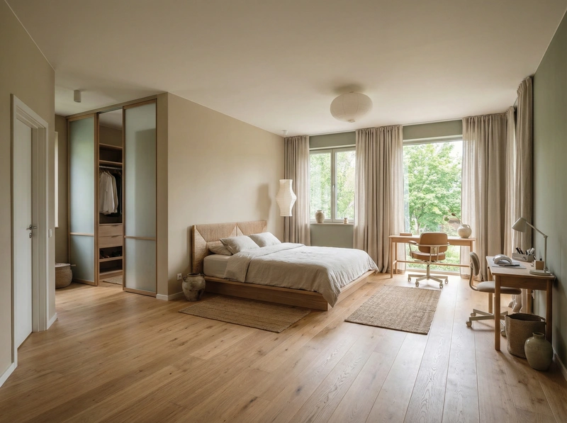 Дизайн спальни в стиле Japandi — фото интерьера от нейросети RoomGPT