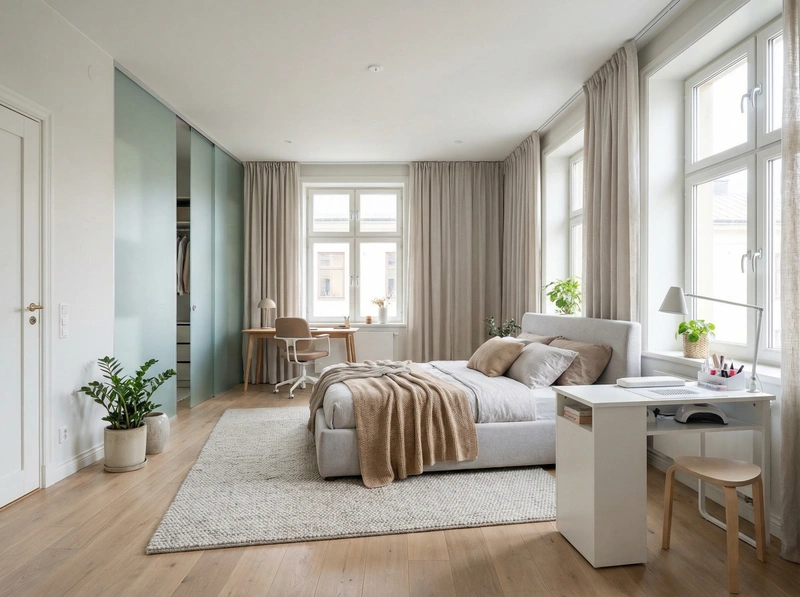 Дизайн спальни в стиле Сканди — фото интерьера от нейросети RoomGPT