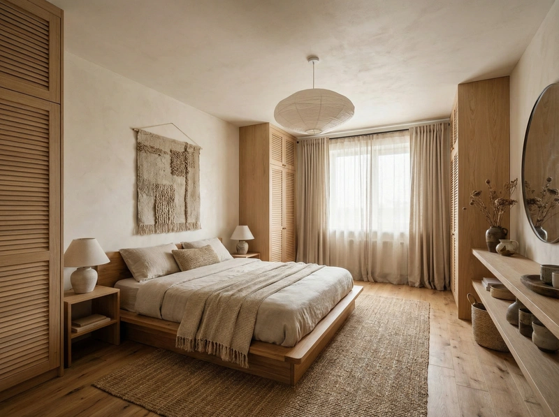 Дизайн спальни в стиле Japandi — фото интерьера от нейросети RoomGPT