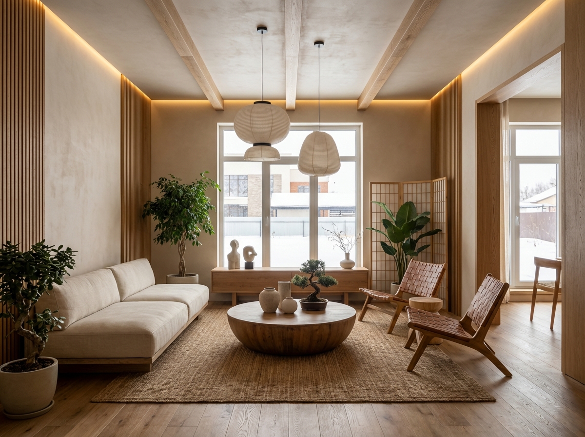 Дизайн гостиной в стиле Japandi — фото интерьера от нейросети RoomGPT